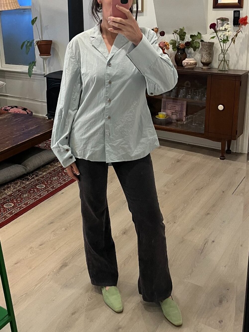 Blue Cotton Button Front Shirt with Cut-out